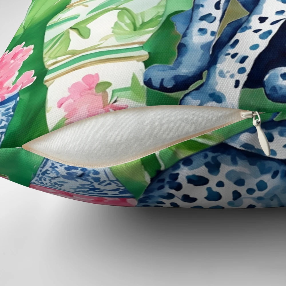 Cheetah print and chinoiserie jars accent pillow, featuring a vibrant design with banana leaves
