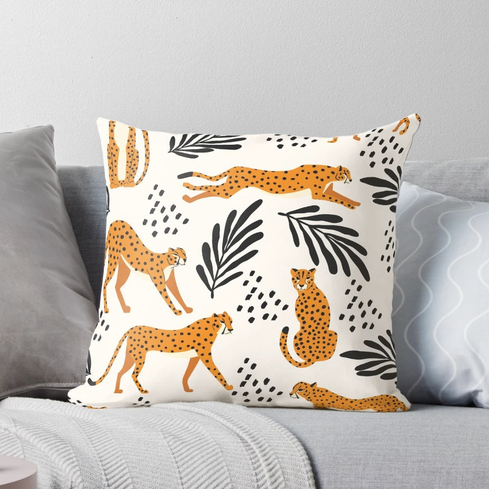 Cheetah print pattern decorative pillow with abstract floral and leaf elements