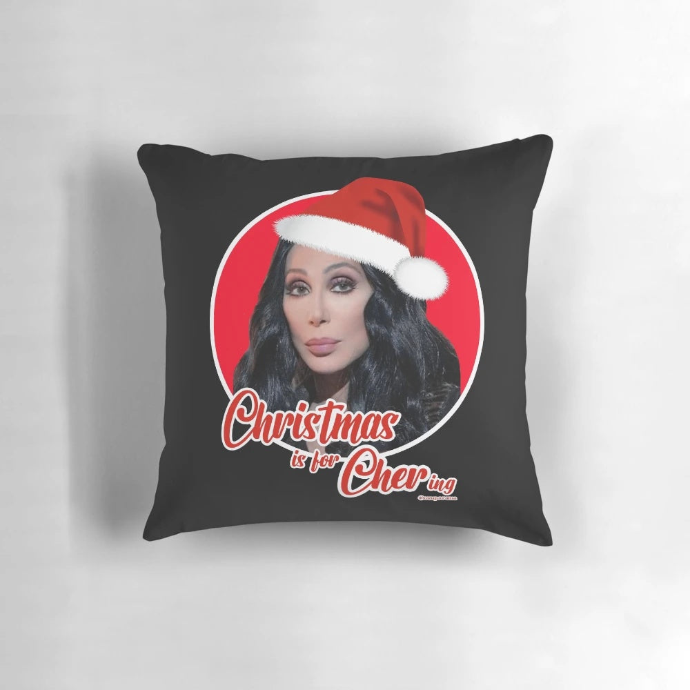 A campy and colorful Cher-themed Christmas pillow