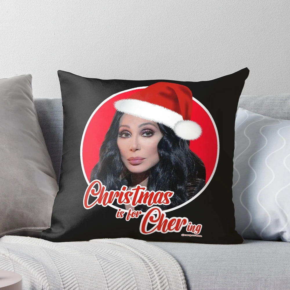 A campy and colorful Cher-themed Christmas pillow