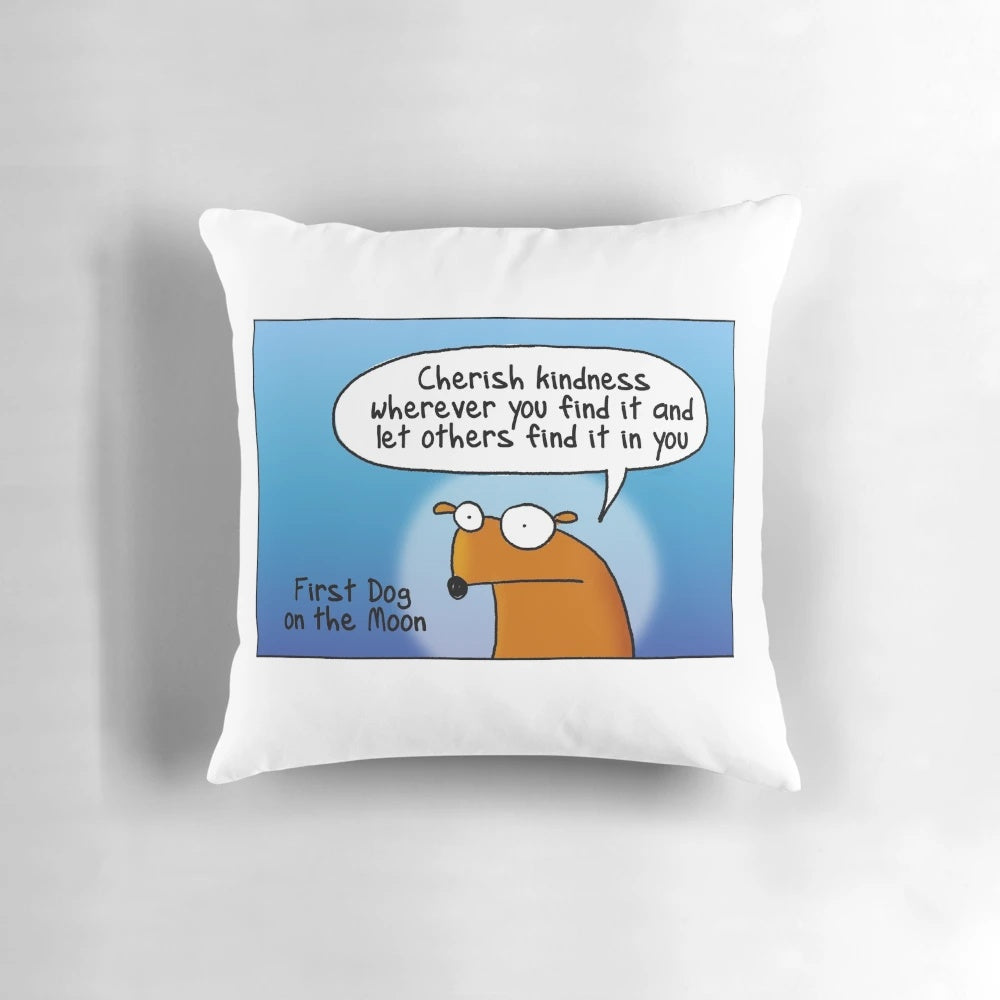 Cherish Kindness Inspirational Pillow with Whimsical Dog on the Moon Design