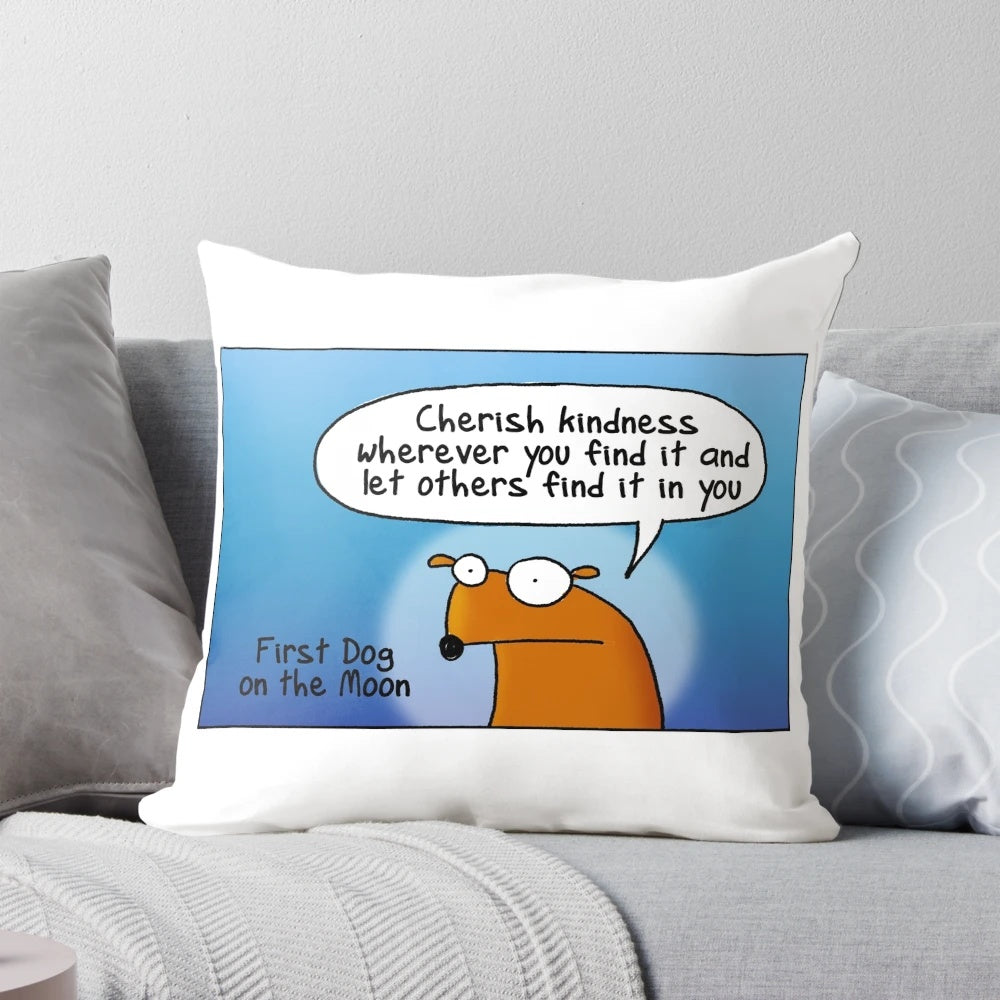 Cherish Kindness Inspirational Pillow with Whimsical Dog on the Moon Design