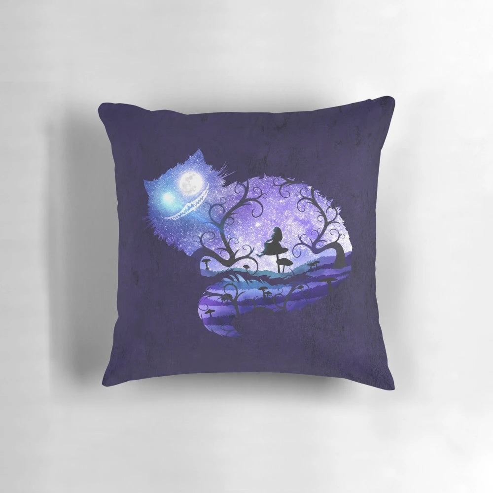 Whimsical Alice in Wonderland-inspired Cheshire Cat throw pillow with a dreamy night sky design