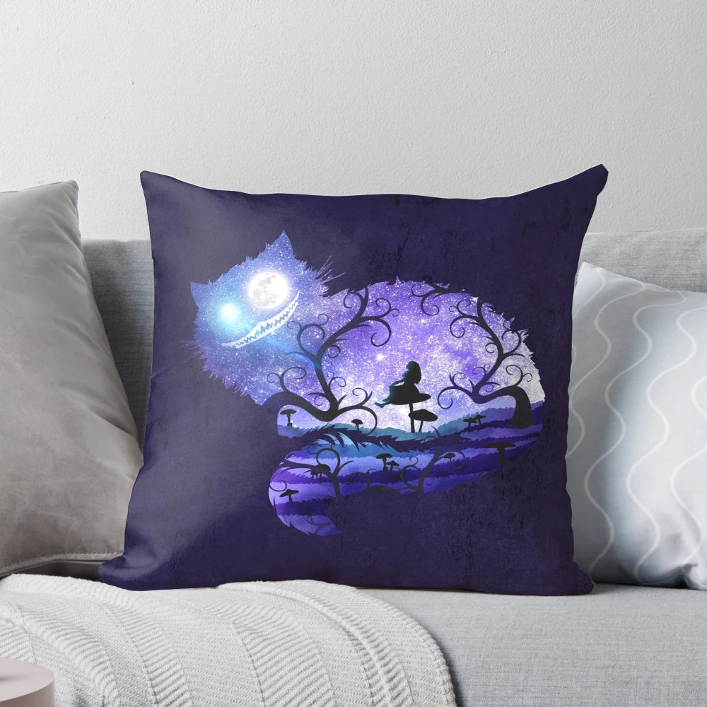 Whimsical Alice in Wonderland-inspired Cheshire Cat throw pillow with a dreamy night sky design