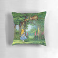 Cheshire Cat inspired vintage fantasy pillow with vibrant colors and unique design