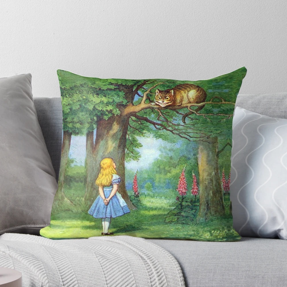 Cheshire Cat inspired vintage fantasy pillow with vibrant colors and unique design