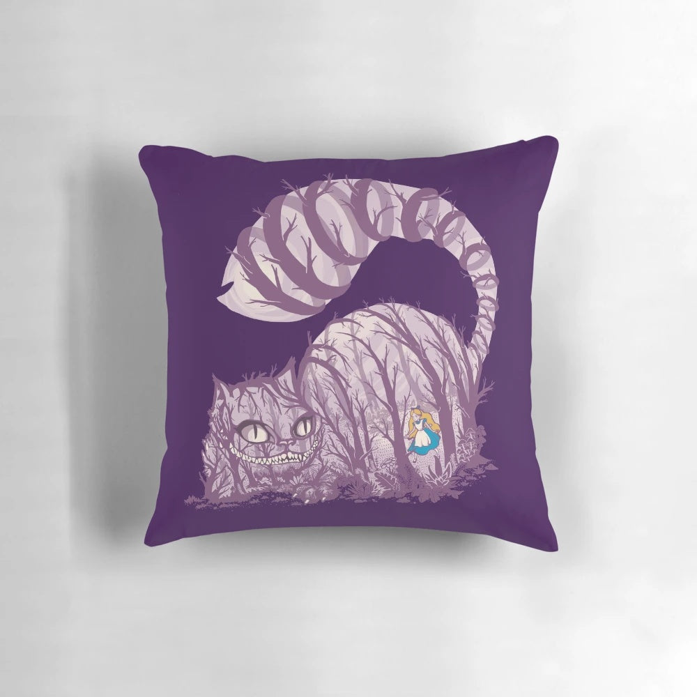 Decorative throw pillow featuring the iconic Cheshire Cat from Alice in Wonderland