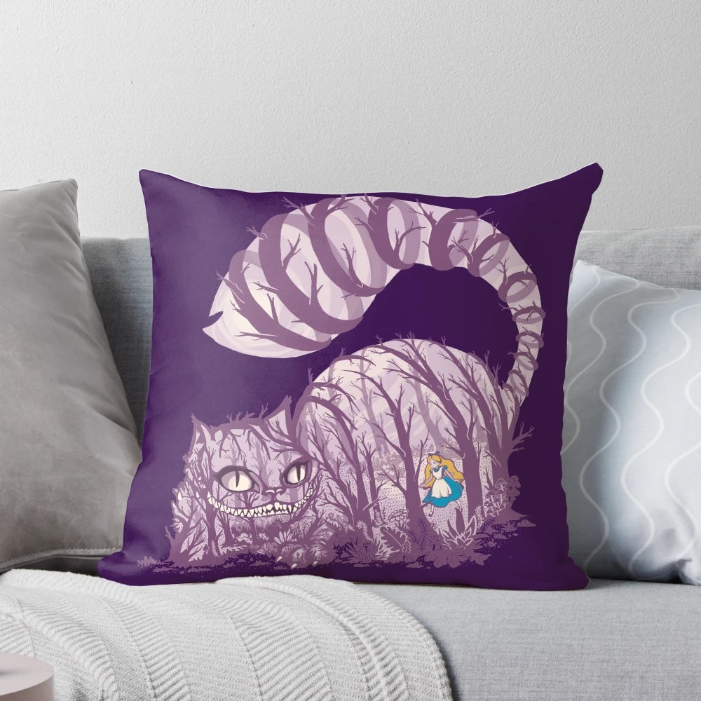 Decorative throw pillow featuring the iconic Cheshire Cat from Alice in Wonderland