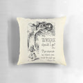 Decorative throw pillow featuring a quote from the Cheshire Cat in Alice in Wonderland by Lewis Carroll