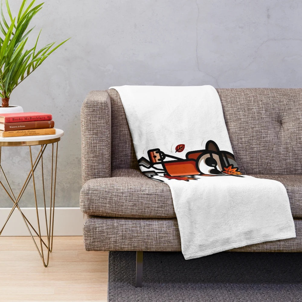 Chibi autumn plush blanket with cute stickman characters, leaves, and pumpkins
