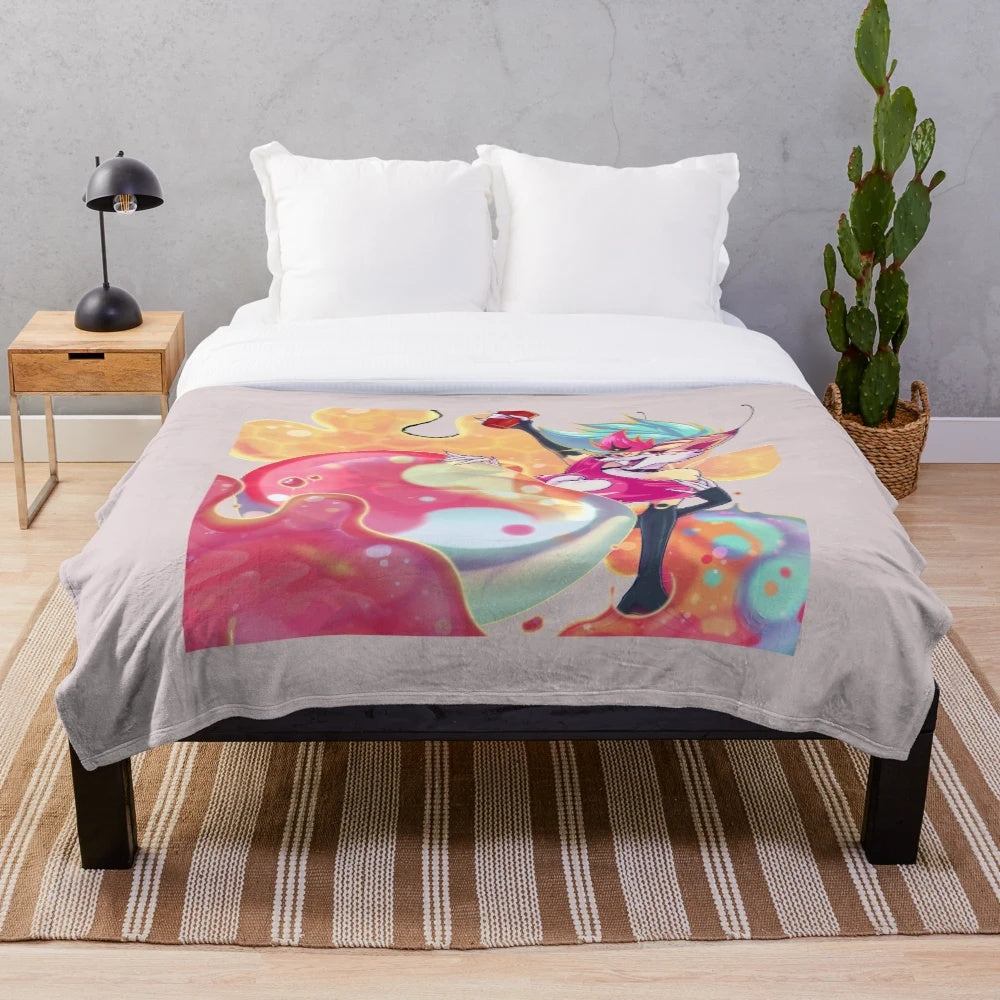 Cozy Beelzebub plush blanket with chibi character design