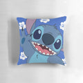 Soft, plush chibi-style Stitch pillow in blue, with cute Hawaiian and family-themed design