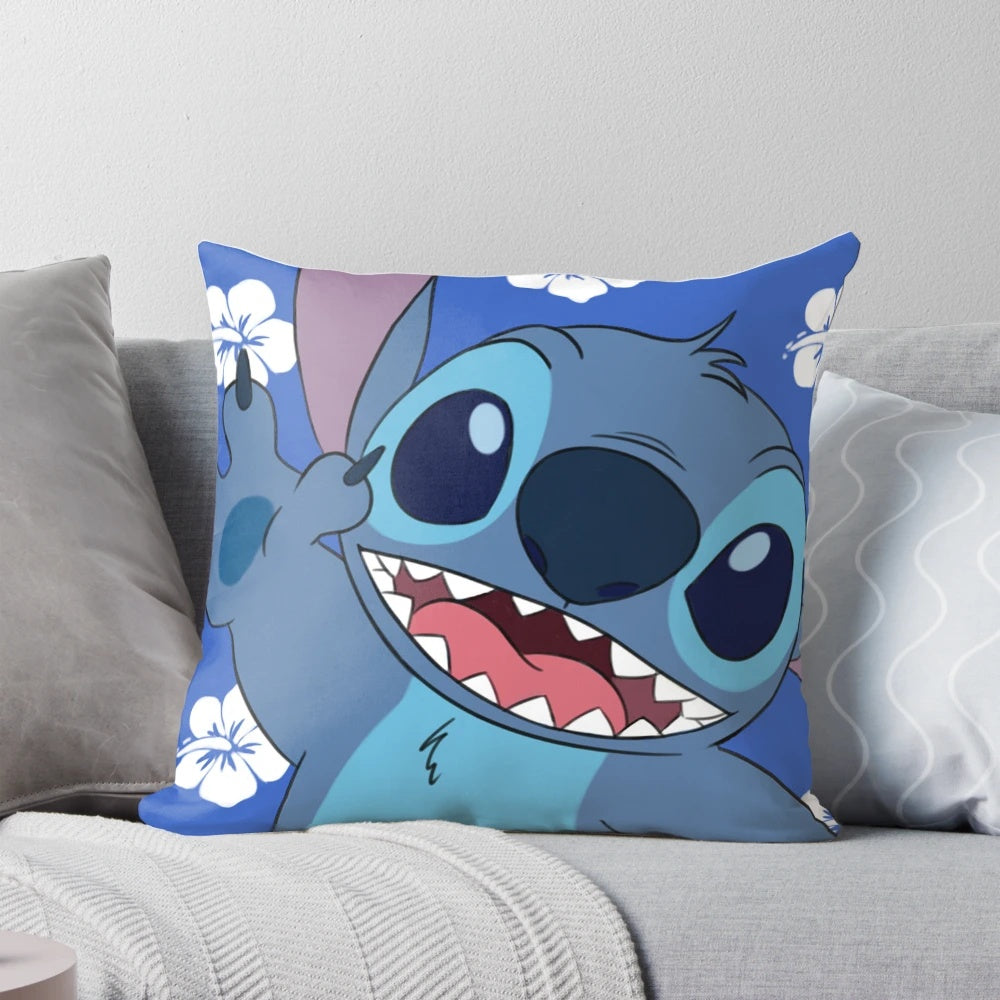 Soft, plush chibi-style Stitch pillow in blue, with cute Hawaiian and family-themed design