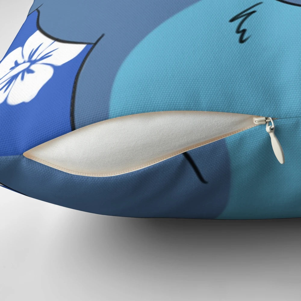 Soft, plush chibi-style Stitch pillow in blue, with cute Hawaiian and family-themed design