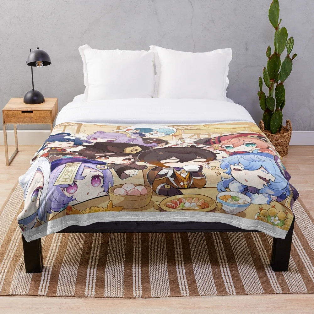 Chibi Genshin Impact characters plush blanket featuring Liyue residents