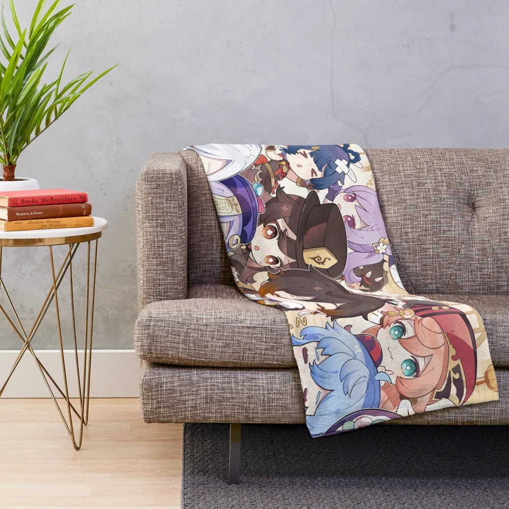 Chibi Genshin Impact characters plush blanket featuring Liyue residents