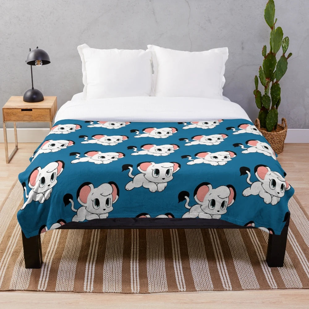 Chibi Kimba inspired plush blanket for retro anime fans
