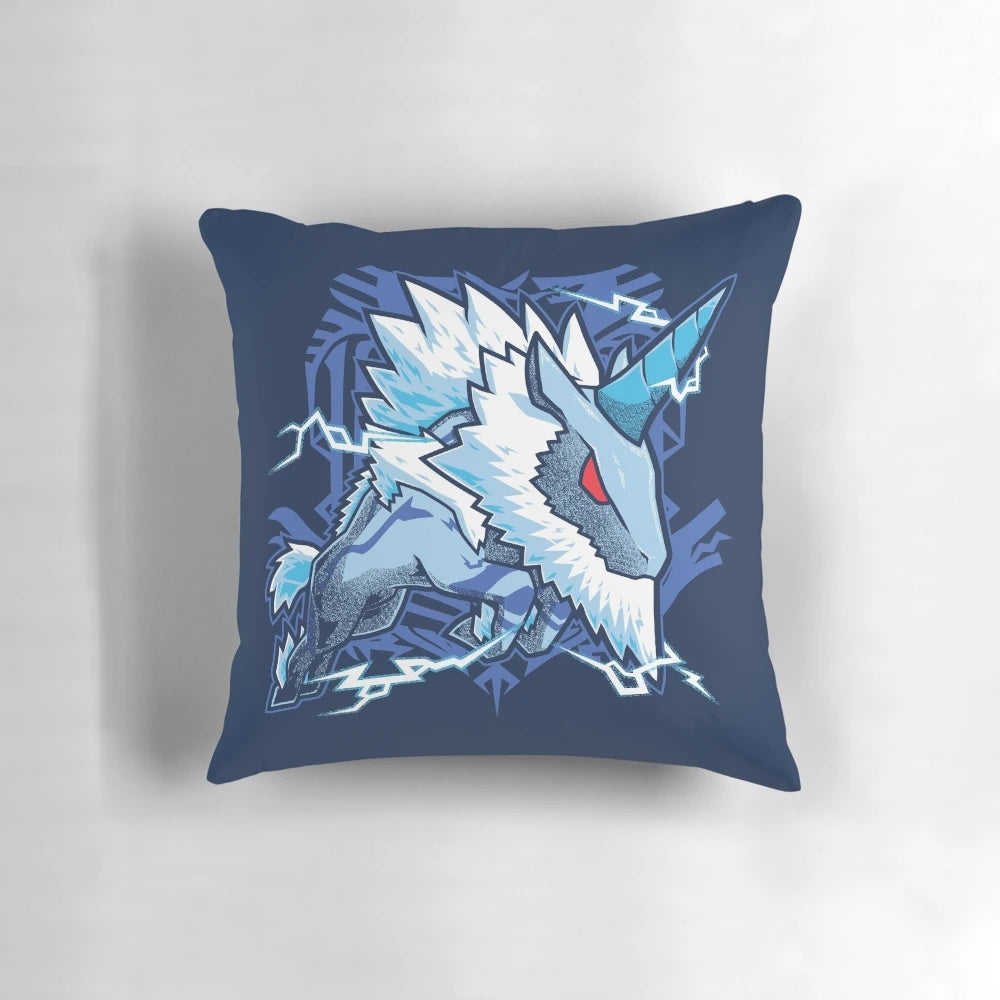 Soft, plush pillow featuring a cute, colorful illustration of the Kirin, an ice dragon-like creature from the Monster Hunter video game series.