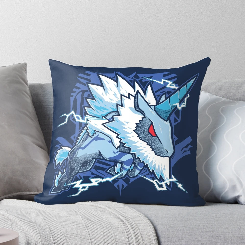 Soft, plush pillow featuring a cute, colorful illustration of the Kirin, an ice dragon-like creature from the Monster Hunter video game series.