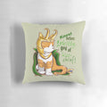 Adorable chibi version of Loki, the Marvel Avengers God of Mischief, as a cute orange tabby cat on a throw pillow.
