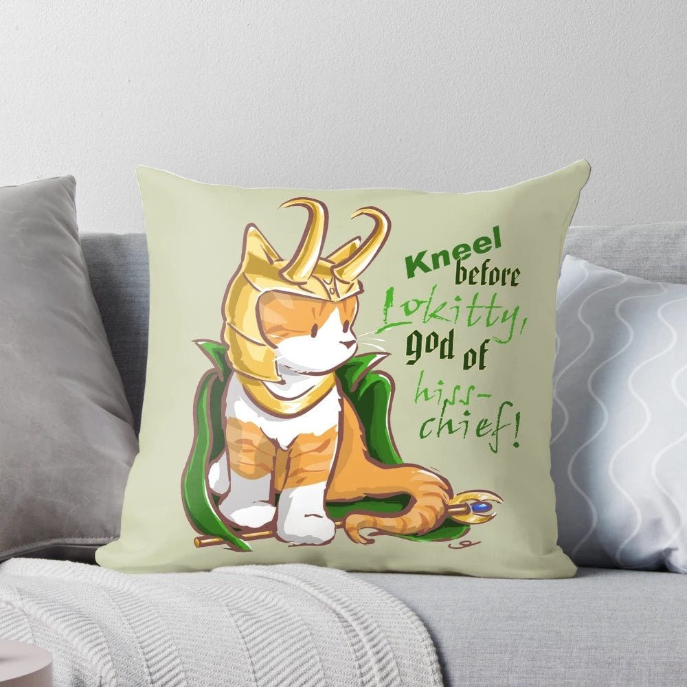 Adorable chibi version of Loki, the Marvel Avengers God of Mischief, as a cute orange tabby cat on a throw pillow.