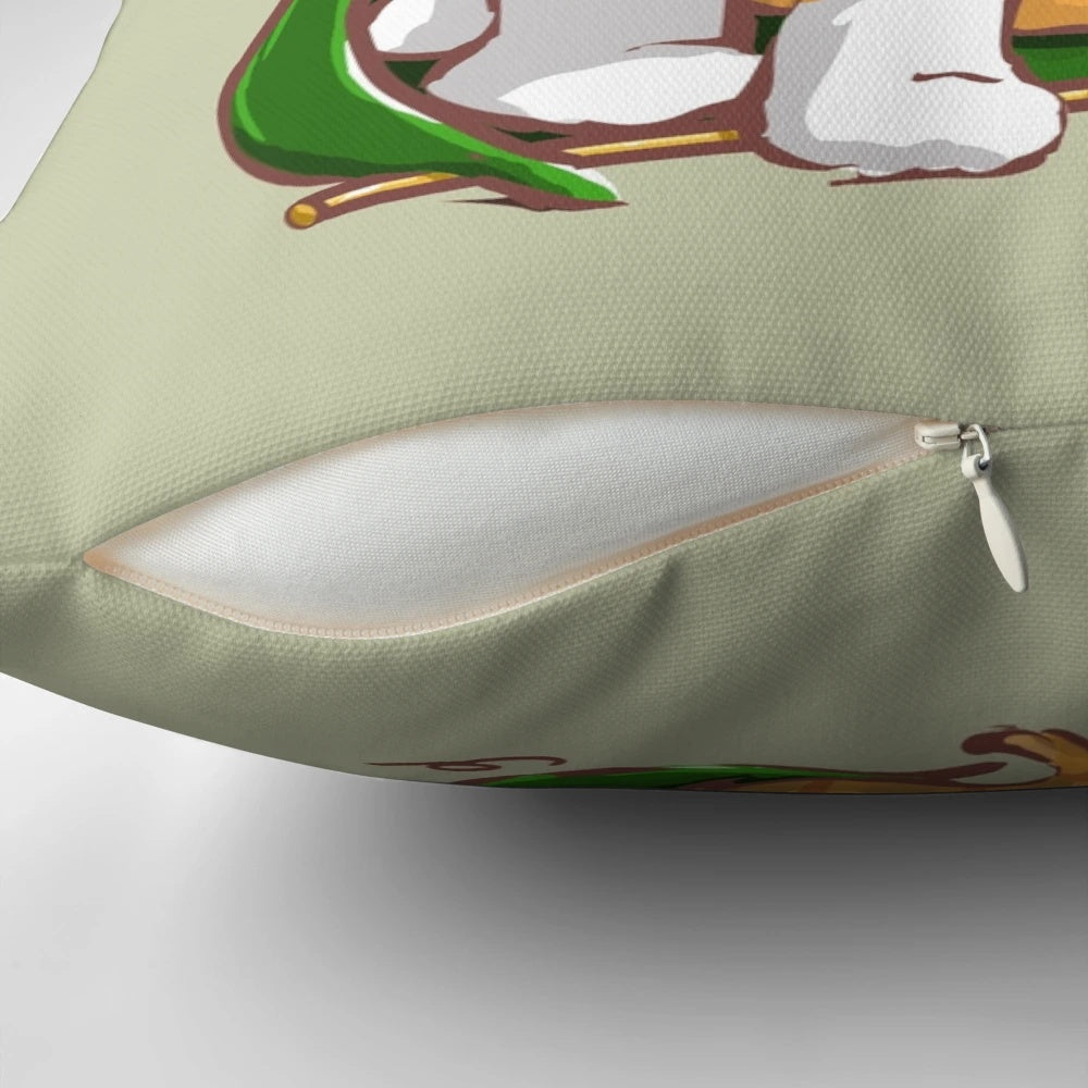 Adorable chibi version of Loki, the Marvel Avengers God of Mischief, as a cute orange tabby cat on a throw pillow.