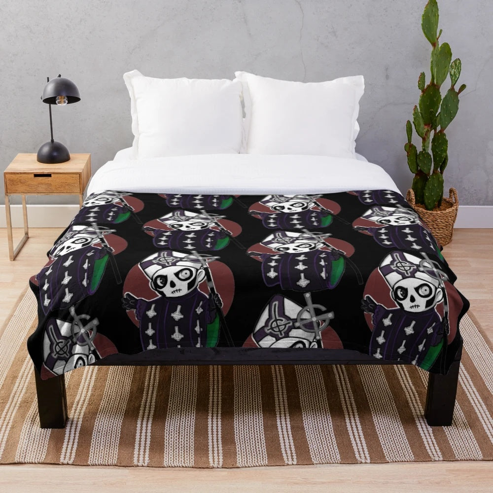 Chibi-style plush blanket featuring Papa Emeritus from the band Ghost