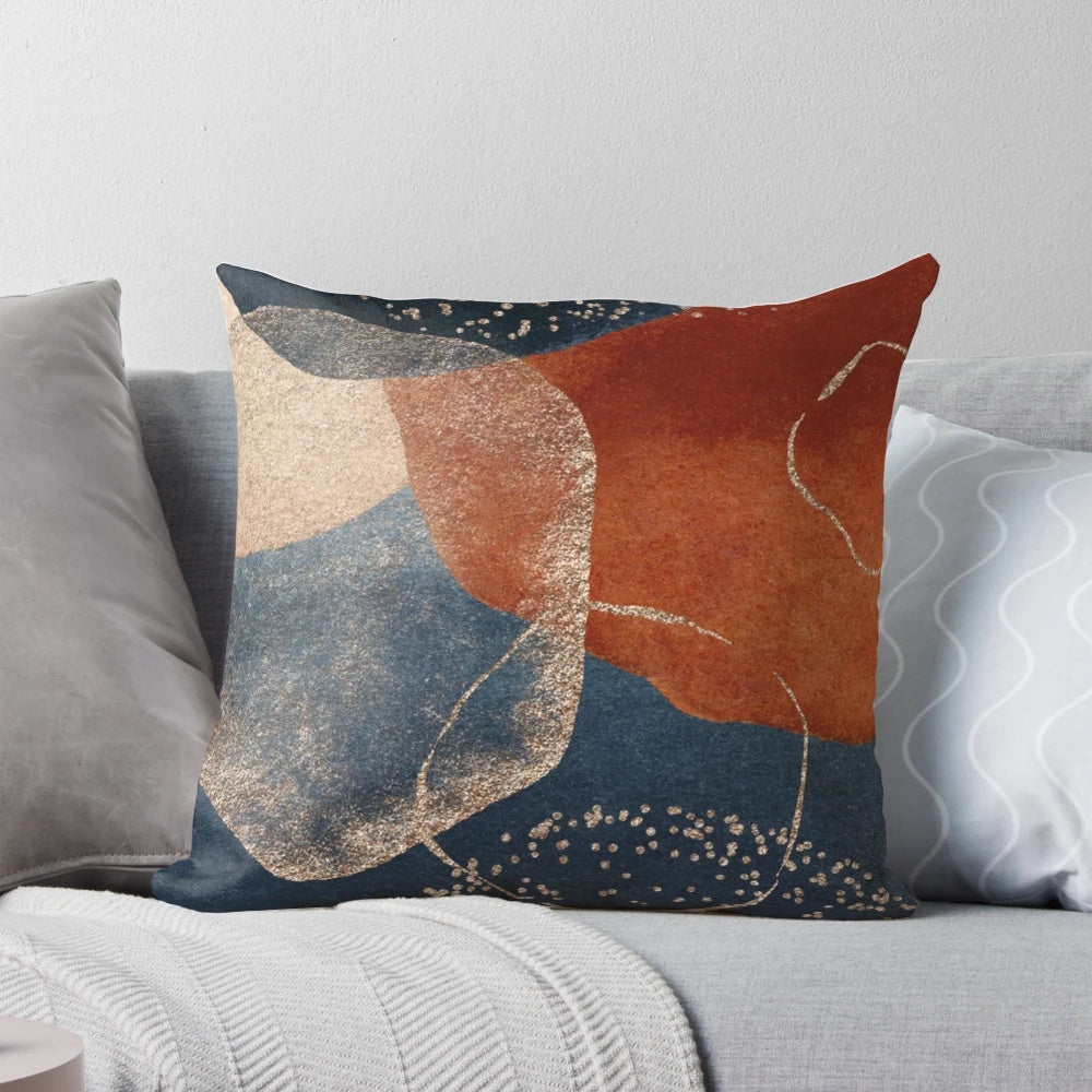 Stylish abstract art decorative pillow in navy blue, blush pink, and terracotta colors