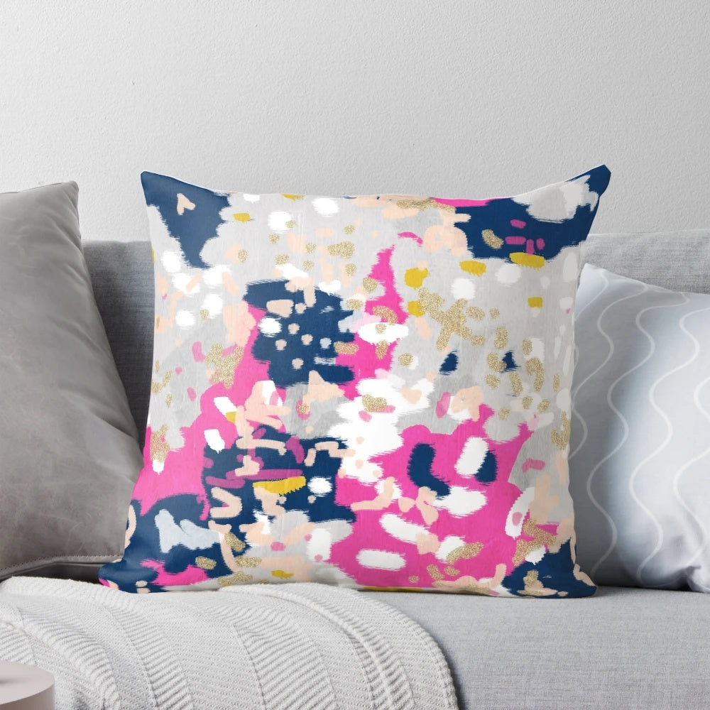 Stylish abstract art pillow in pink, navy, mustard and blush colors