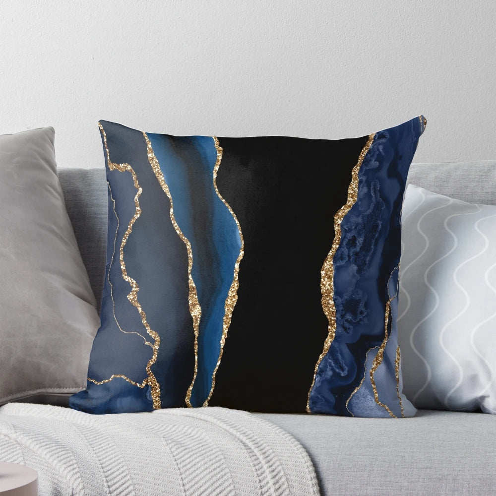 Decorative abstract blue and gold modern geode agate print accent pillow