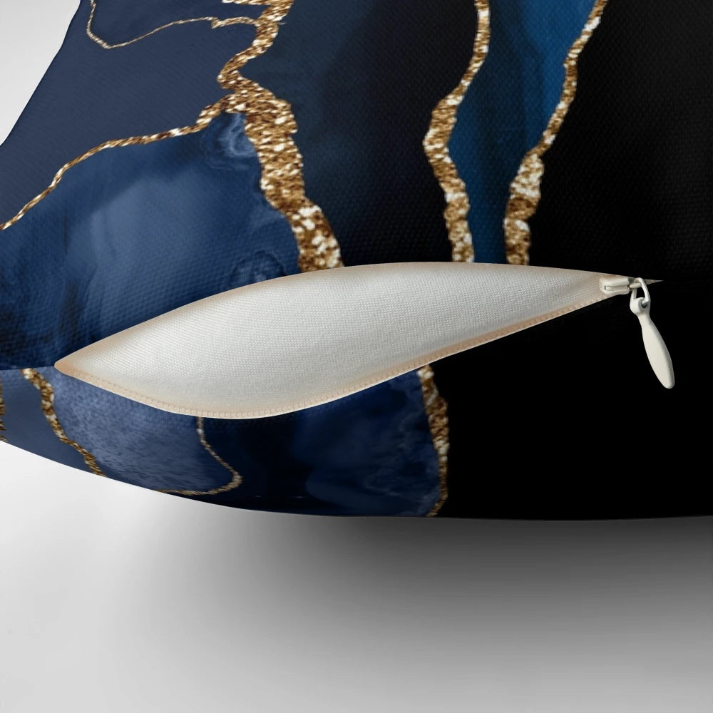 Decorative abstract blue and gold modern geode agate print accent pillow