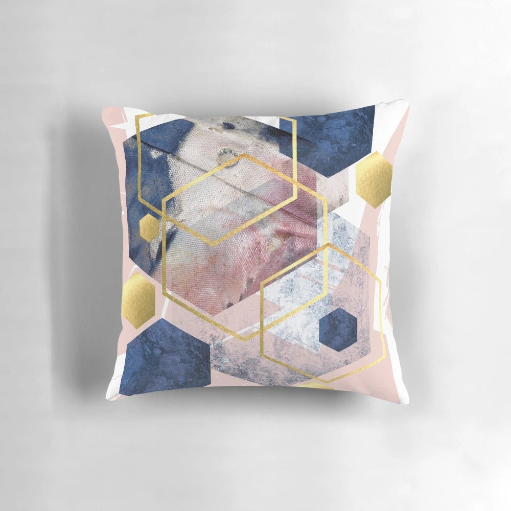 Blush pink and navy hexagonal textured geometric Scandinavian-style throw pillow