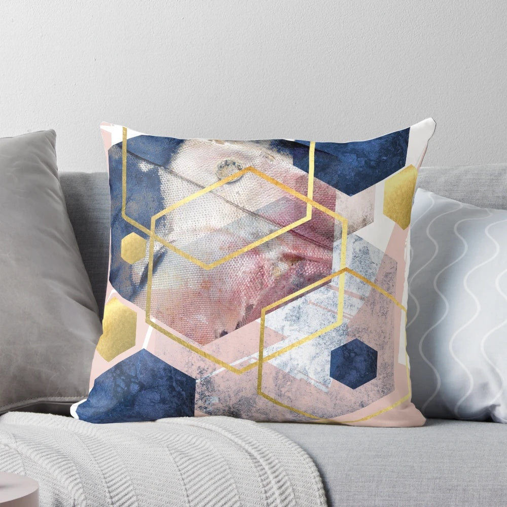 Blush pink and navy hexagonal textured geometric Scandinavian-style throw pillow