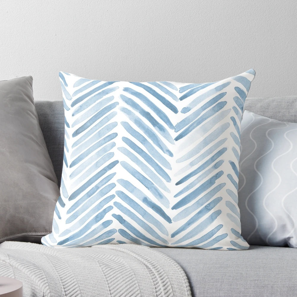 Soft, cozy baby blue watercolor herringbone pattern pillow for modern, scandinavian-inspired home decor.