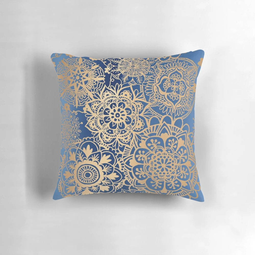 Blue and gold mandala patterned throw pillow for modern bohemian home decor