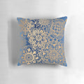 Blue and gold mandala patterned throw pillow for modern bohemian home decor