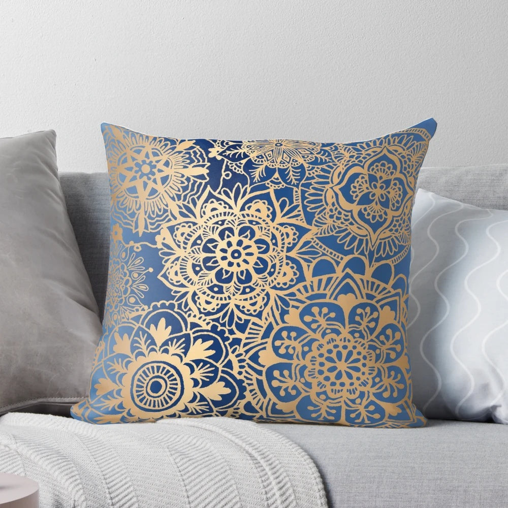 Blue and gold mandala patterned throw pillow for modern bohemian home decor