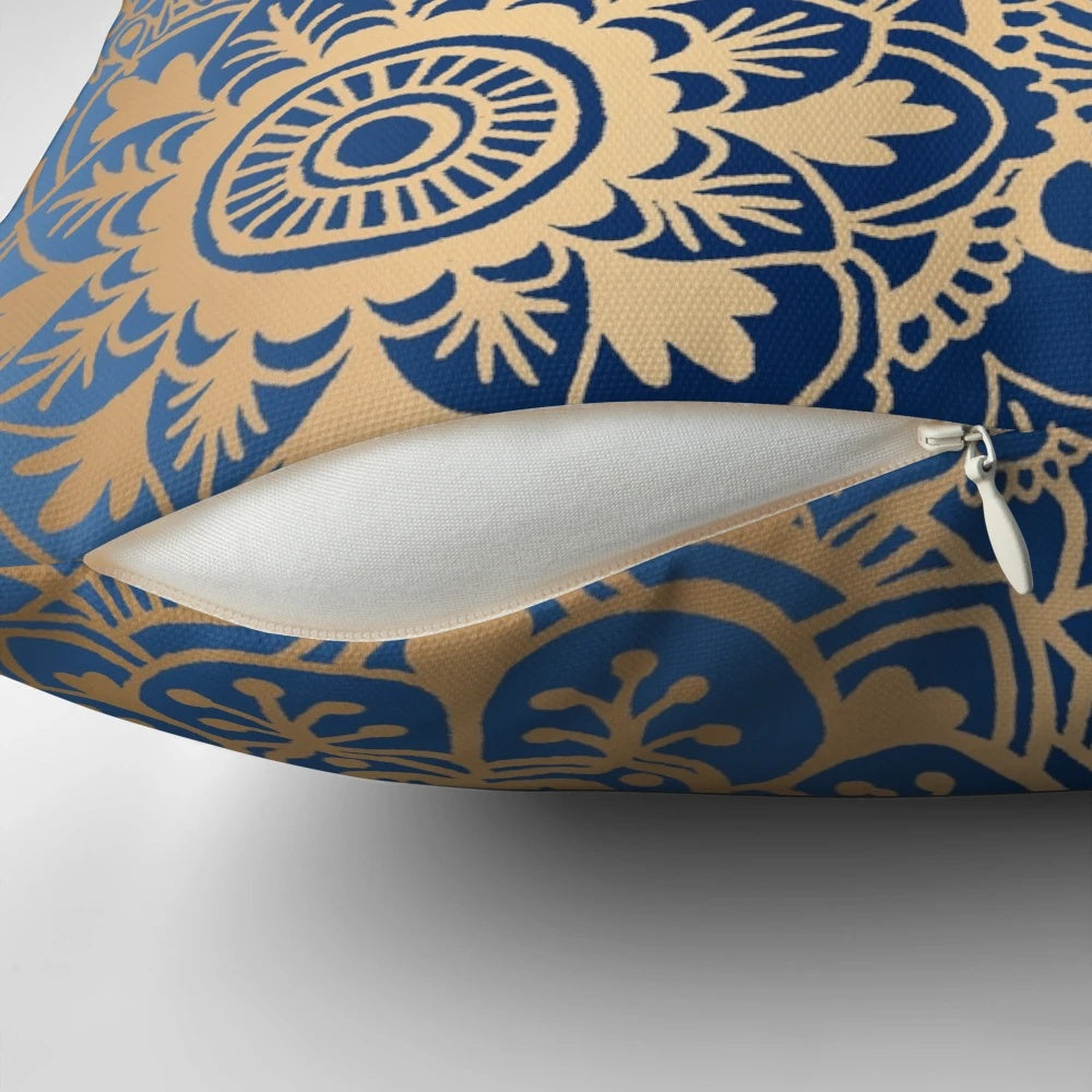 Blue and gold mandala patterned throw pillow for modern bohemian home decor