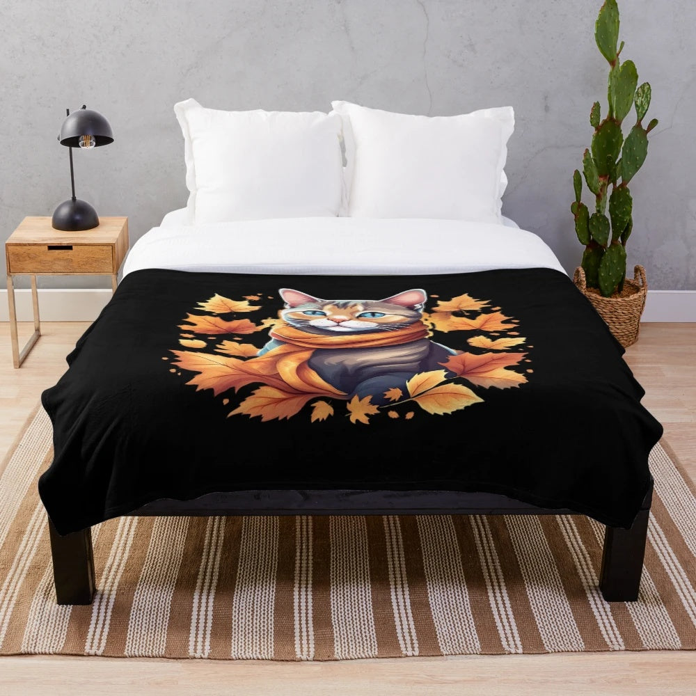 Cozy autumn cat plush blanket with whimsical fall illustrations