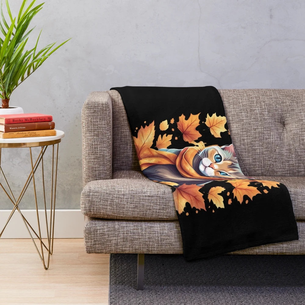 Cozy autumn cat plush blanket with whimsical fall illustrations