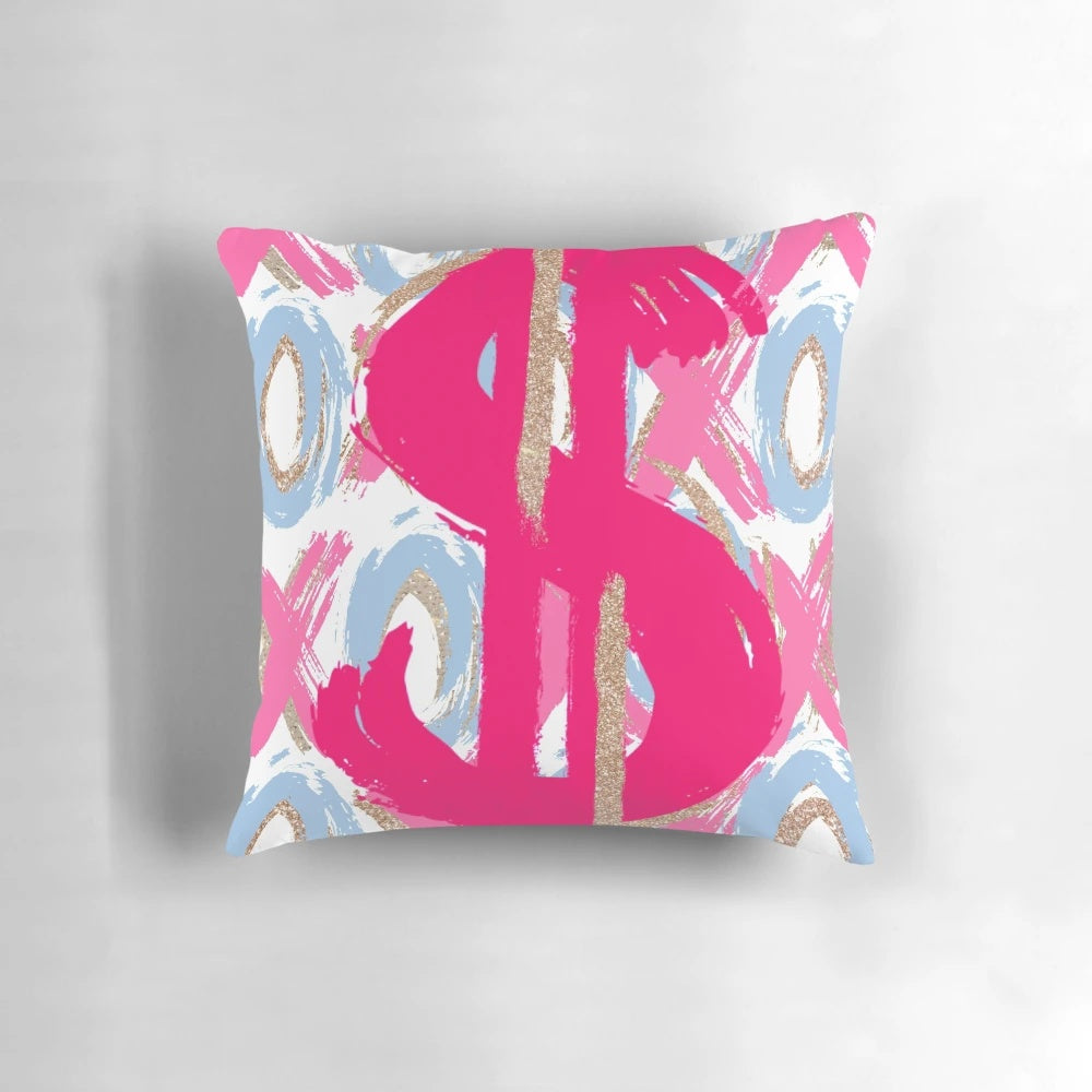 Decorative pink and gold glitter dollar sign XO pillow with a preppy, fashionable design.