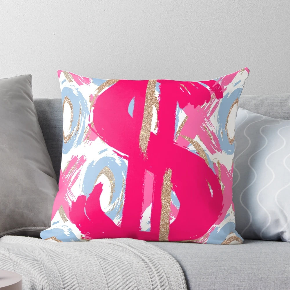 Decorative pink and gold glitter dollar sign XO pillow with a preppy, fashionable design.
