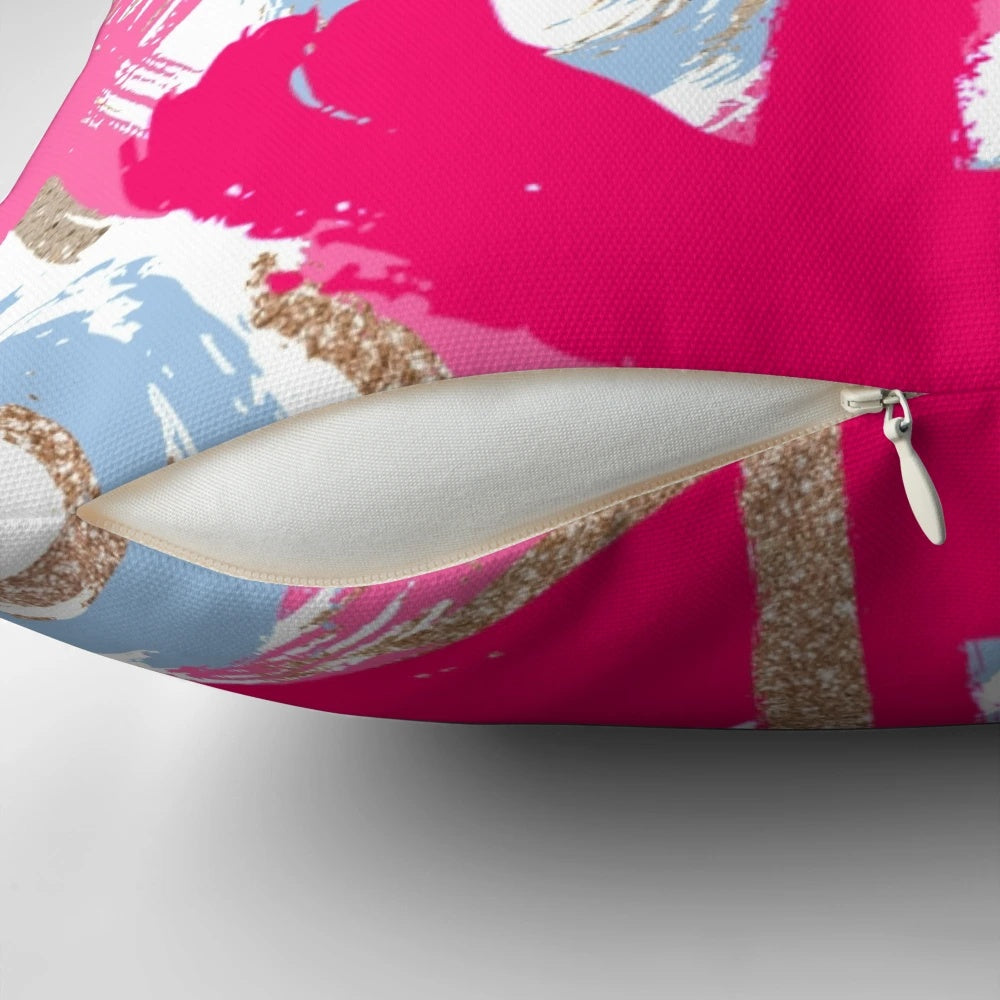 Decorative pink and gold glitter dollar sign XO pillow with a preppy, fashionable design.
