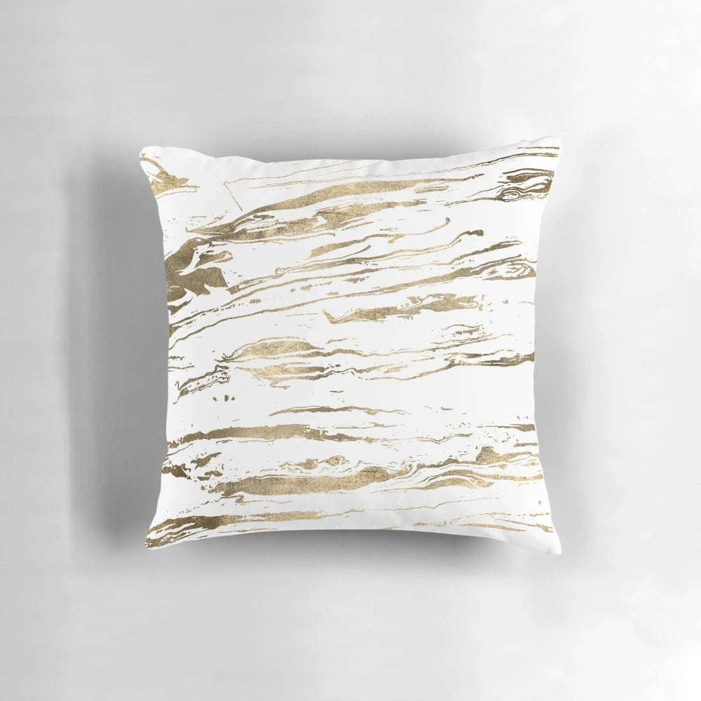 Gold abstract marbleized throw pillow with a modern, elegant design for stylish home accents