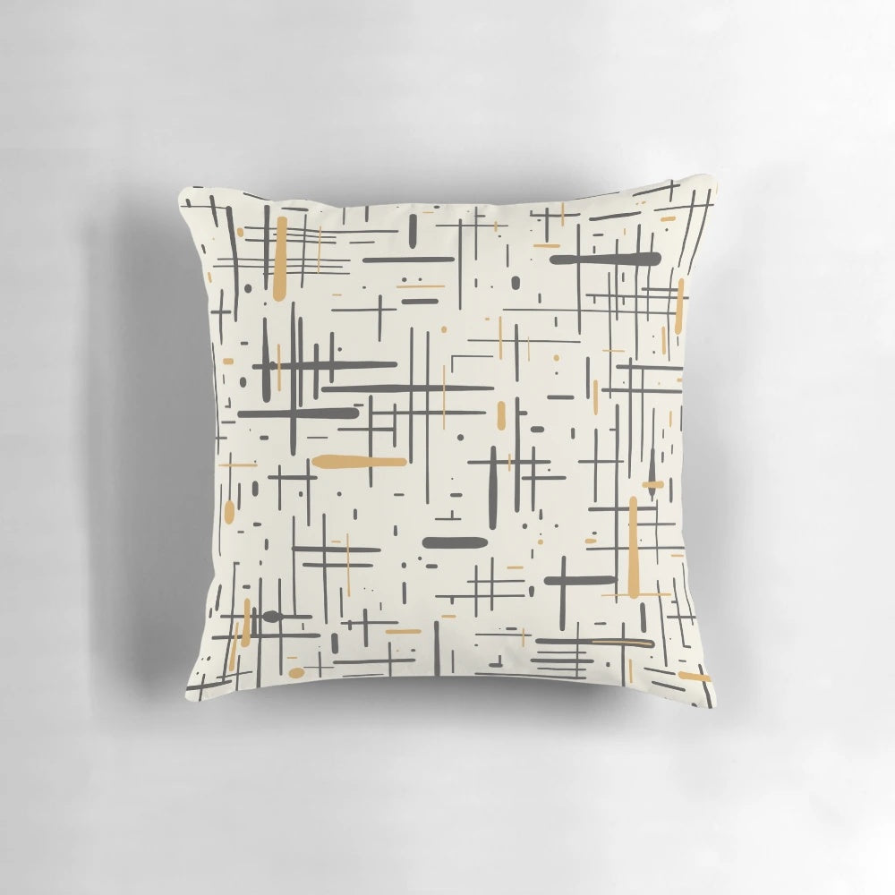 Mid-century modern Kinetikos pattern pillow in charcoal gray, muted mustard gold, and cream