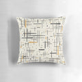 Mid-century modern Kinetikos pattern pillow in charcoal gray, muted mustard gold, and cream