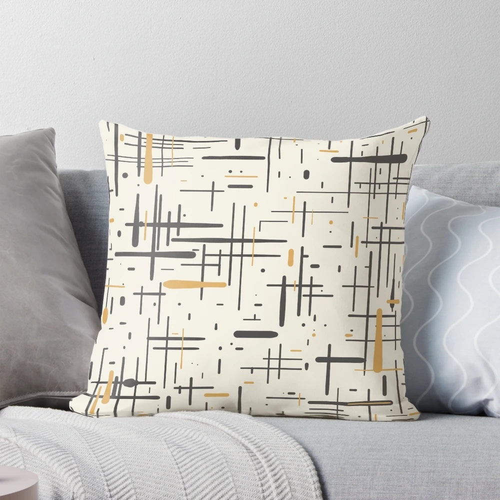 Mid-century modern Kinetikos pattern pillow in charcoal gray, muted mustard gold, and cream