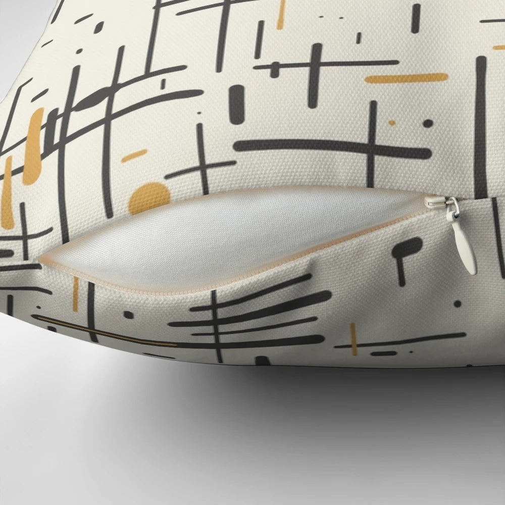 Mid-century modern Kinetikos pattern pillow in charcoal gray, muted mustard gold, and cream