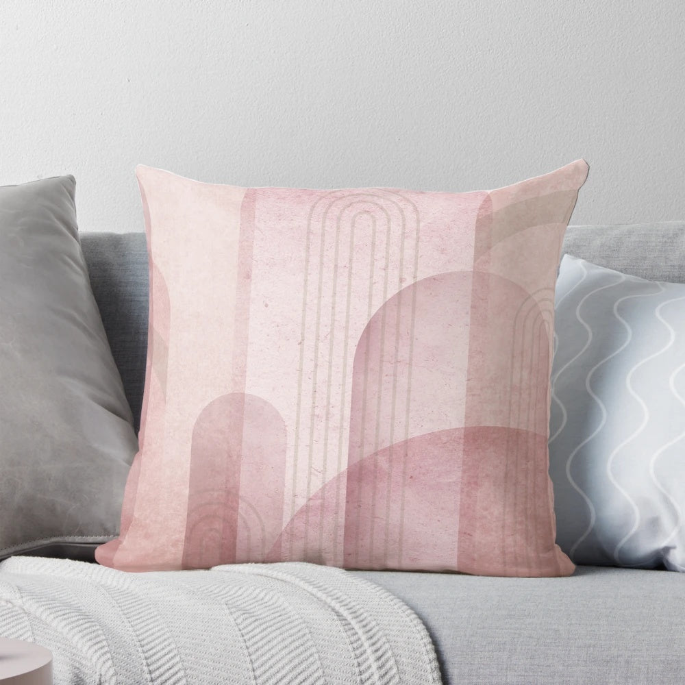 Stylish modern mid-century inspired arches design in pink and beige tones throw pillow