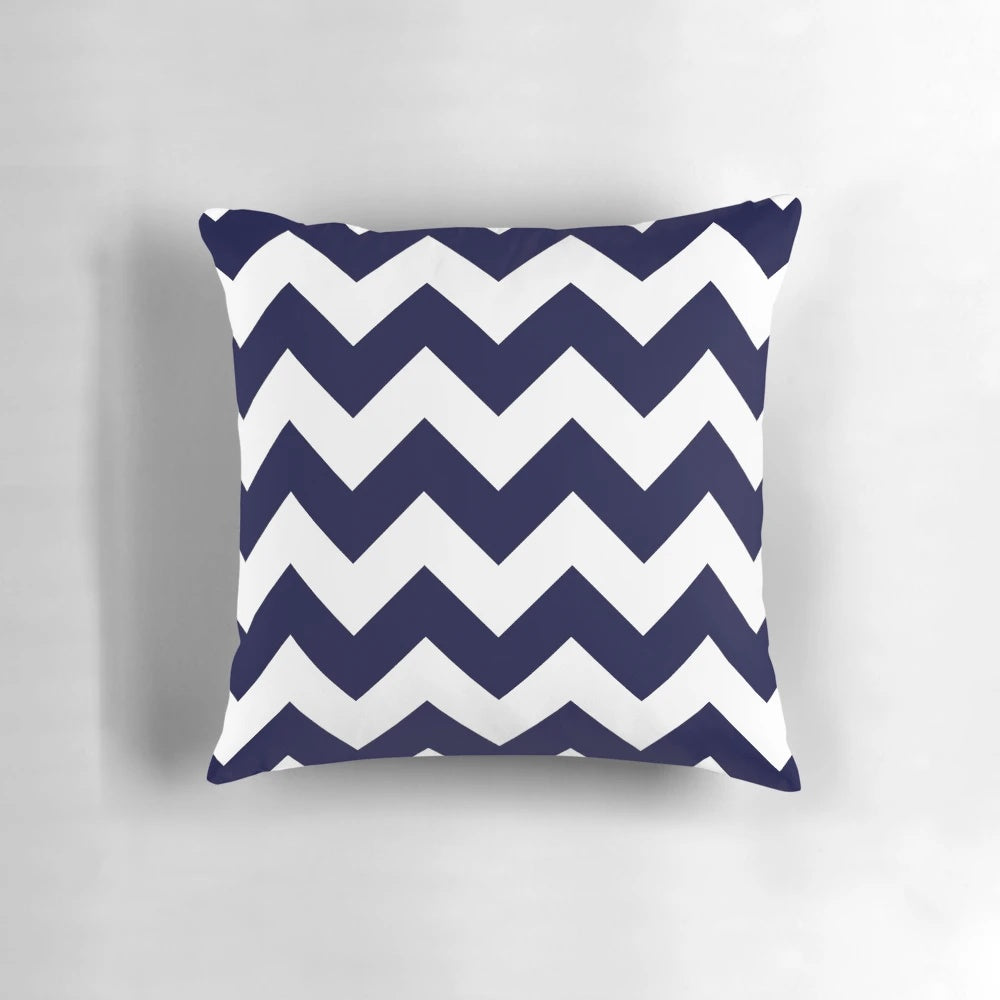 Navy blue and white chevron striped decorative pillow